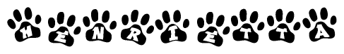 The image shows a series of animal paw prints arranged in a horizontal line. Each paw print contains a letter, and together they spell out the word Henrietta.