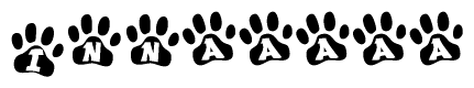 The image shows a series of animal paw prints arranged in a horizontal line. Each paw print contains a letter, and together they spell out the word Innaaaaa.