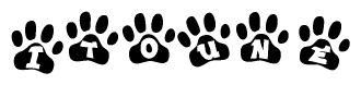The image shows a row of animal paw prints, each containing a letter. The letters spell out the word Itoune within the paw prints.