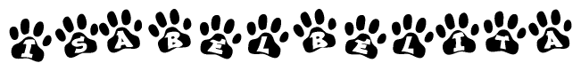 The image shows a series of animal paw prints arranged in a horizontal line. Each paw print contains a letter, and together they spell out the word Isabelbelita.