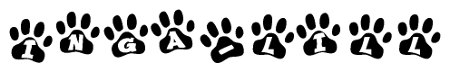 The image shows a series of animal paw prints arranged horizontally. Within each paw print, there's a letter; together they spell Inga-lill