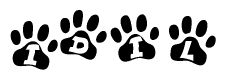The image shows a row of animal paw prints, each containing a letter. The letters spell out the word Idil within the paw prints.