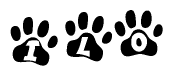 The image shows a series of animal paw prints arranged in a horizontal line. Each paw print contains a letter, and together they spell out the word Ilo.