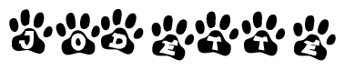 The image shows a series of animal paw prints arranged in a horizontal line. Each paw print contains a letter, and together they spell out the word Jodette.