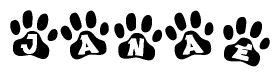 The image shows a series of animal paw prints arranged in a horizontal line. Each paw print contains a letter, and together they spell out the word Janae.