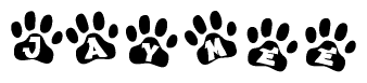 The image shows a series of animal paw prints arranged horizontally. Within each paw print, there's a letter; together they spell Jaymee
