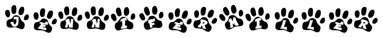 The image shows a row of animal paw prints, each containing a letter. The letters spell out the word Jennifermiller within the paw prints.