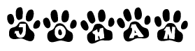 The image shows a row of animal paw prints, each containing a letter. The letters spell out the word Johan within the paw prints.