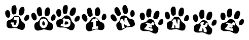 The image shows a series of animal paw prints arranged in a horizontal line. Each paw print contains a letter, and together they spell out the word Jodimenke.