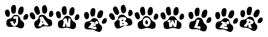 The image shows a series of animal paw prints arranged horizontally. Within each paw print, there's a letter; together they spell Janebowler