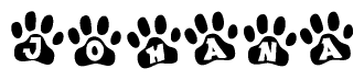 The image shows a row of animal paw prints, each containing a letter. The letters spell out the word Johana within the paw prints.