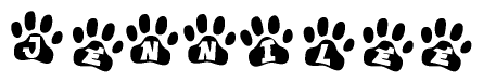 The image shows a series of animal paw prints arranged horizontally. Within each paw print, there's a letter; together they spell Jennilee