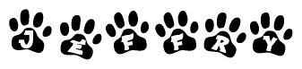The image shows a series of animal paw prints arranged horizontally. Within each paw print, there's a letter; together they spell Jeffry