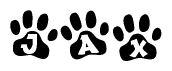 The image shows a series of animal paw prints arranged horizontally. Within each paw print, there's a letter; together they spell Jax