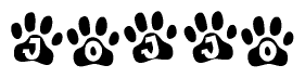 The image shows a row of animal paw prints, each containing a letter. The letters spell out the word Jojjo within the paw prints.