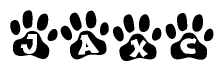 The image shows a series of animal paw prints arranged horizontally. Within each paw print, there's a letter; together they spell Jaxc
