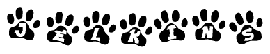 The image shows a series of animal paw prints arranged horizontally. Within each paw print, there's a letter; together they spell Jelkins
