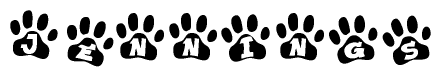 The image shows a series of animal paw prints arranged horizontally. Within each paw print, there's a letter; together they spell Jennings