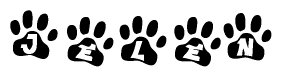 The image shows a series of animal paw prints arranged horizontally. Within each paw print, there's a letter; together they spell Jelen