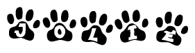 The image shows a row of animal paw prints, each containing a letter. The letters spell out the word Jolie within the paw prints.