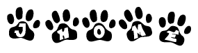 The image shows a series of animal paw prints arranged horizontally. Within each paw print, there's a letter; together they spell Jhome