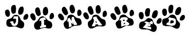 The image shows a series of animal paw prints arranged in a horizontal line. Each paw print contains a letter, and together they spell out the word Jimabed.