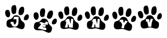 The image shows a row of animal paw prints, each containing a letter. The letters spell out the word Jennyv within the paw prints.