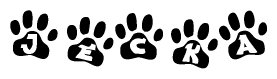 The image shows a row of animal paw prints, each containing a letter. The letters spell out the word Jecka within the paw prints.