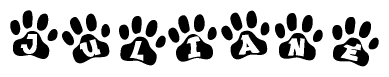 The image shows a series of animal paw prints arranged in a horizontal line. Each paw print contains a letter, and together they spell out the word Juliane.