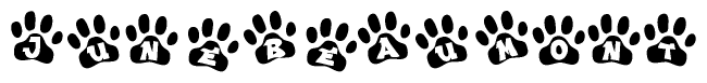 The image shows a series of animal paw prints arranged in a horizontal line. Each paw print contains a letter, and together they spell out the word Junebeaumont.
