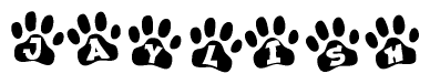 The image shows a series of animal paw prints arranged horizontally. Within each paw print, there's a letter; together they spell Jaylish
