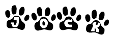 The image shows a series of animal paw prints arranged horizontally. Within each paw print, there's a letter; together they spell Jock