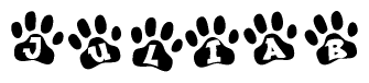 The image shows a series of animal paw prints arranged in a horizontal line. Each paw print contains a letter, and together they spell out the word Juliab.