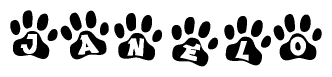 The image shows a series of animal paw prints arranged horizontally. Within each paw print, there's a letter; together they spell Janelo