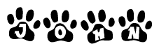 The image shows a series of animal paw prints arranged horizontally. Within each paw print, there's a letter; together they spell John