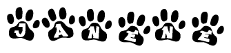 The image shows a series of animal paw prints arranged in a horizontal line. Each paw print contains a letter, and together they spell out the word Janene.