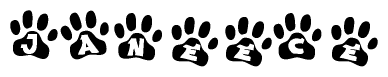 The image shows a series of animal paw prints arranged in a horizontal line. Each paw print contains a letter, and together they spell out the word Janeece.