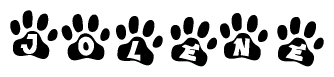 The image shows a series of animal paw prints arranged in a horizontal line. Each paw print contains a letter, and together they spell out the word Jolene.
