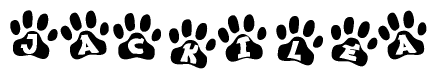 The image shows a series of animal paw prints arranged in a horizontal line. Each paw print contains a letter, and together they spell out the word Jackilea.