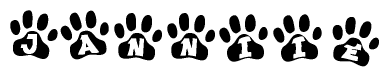 The image shows a series of animal paw prints arranged horizontally. Within each paw print, there's a letter; together they spell Janniie