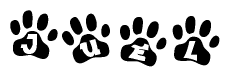 The image shows a row of animal paw prints, each containing a letter. The letters spell out the word Juel within the paw prints.