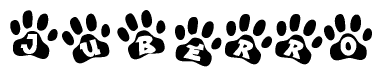 The image shows a row of animal paw prints, each containing a letter. The letters spell out the word Juberro within the paw prints.