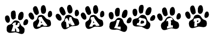 The image shows a series of animal paw prints arranged in a horizontal line. Each paw print contains a letter, and together they spell out the word Kamaldip.
