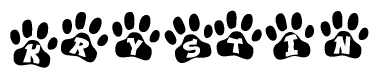 The image shows a series of animal paw prints arranged in a horizontal line. Each paw print contains a letter, and together they spell out the word Krystin.