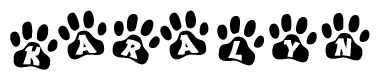 The image shows a series of animal paw prints arranged horizontally. Within each paw print, there's a letter; together they spell Karalyn