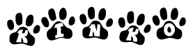 The image shows a series of animal paw prints arranged in a horizontal line. Each paw print contains a letter, and together they spell out the word Kinko.