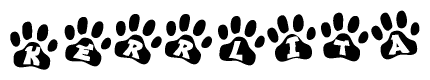 The image shows a series of animal paw prints arranged in a horizontal line. Each paw print contains a letter, and together they spell out the word Kerrlita.