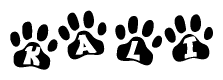 The image shows a series of animal paw prints arranged horizontally. Within each paw print, there's a letter; together they spell Kali