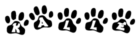 The image shows a series of animal paw prints arranged horizontally. Within each paw print, there's a letter; together they spell Kalle