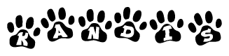 The image shows a series of animal paw prints arranged horizontally. Within each paw print, there's a letter; together they spell Kandis